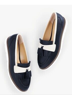 New Talbot's Liz Tassel Nappa Platform Loafers In Navy And White Colors, Sz 7.5